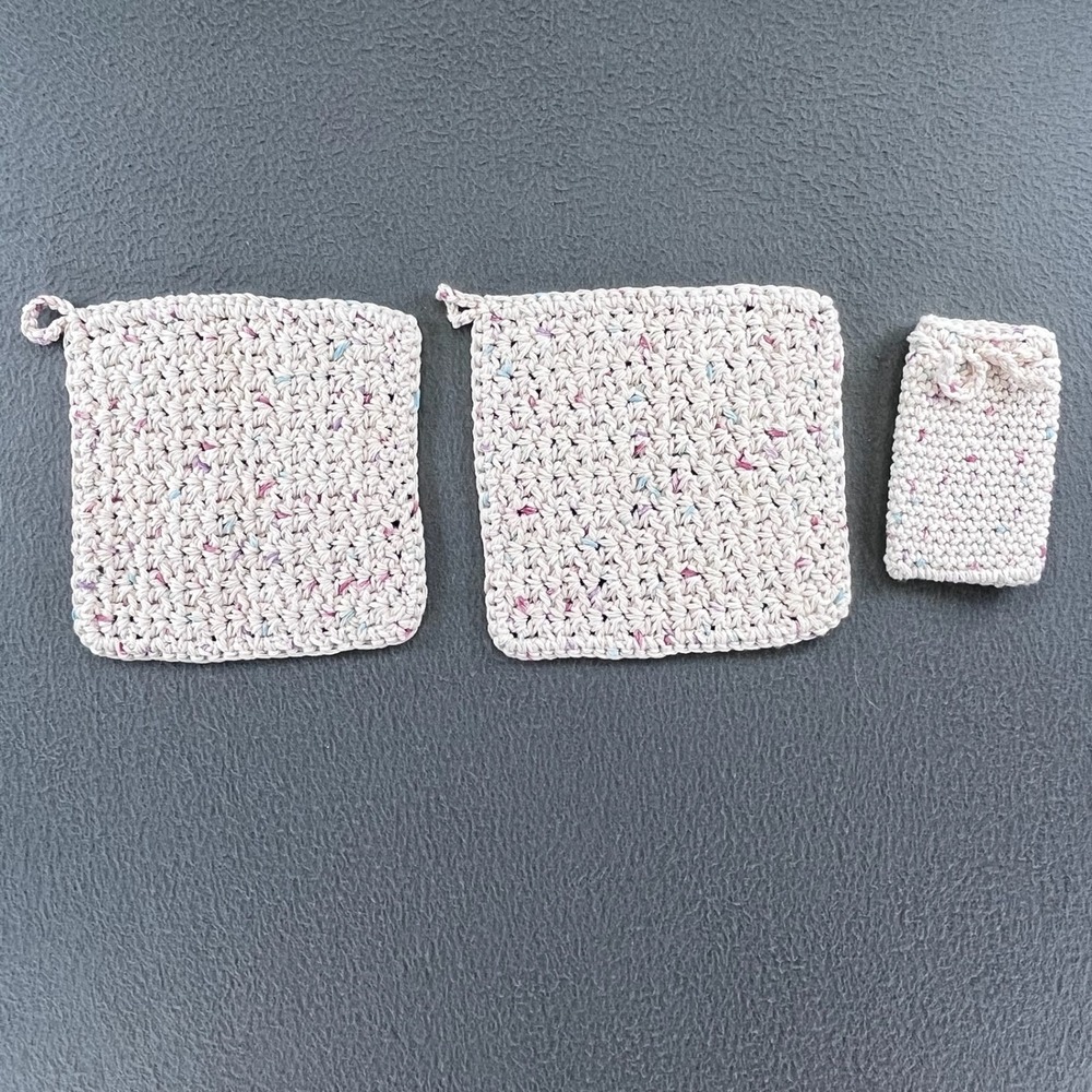 Handmade Washcloth Soap Holder Set Cotton Crochet Cream Multi OS Cottagecore